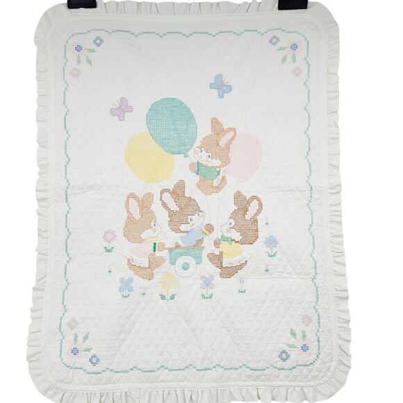 Vintage Quilted Embroidered Kitschy Baby Blanket 42x33" Pastels Bunnies Cottage - Picture 1 of 6